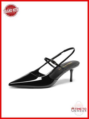Women's Mary Jane Slingback Kitten Heels Faux Leather Pointed Toe Pump